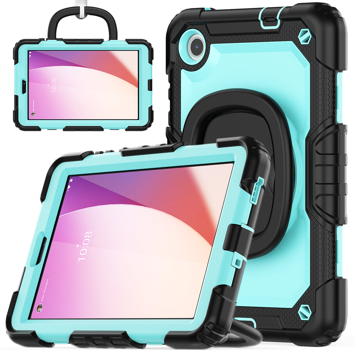 SEYMAC Lenovo Tab M8 (2nd/3rd Gen) 8 Inch Case in teal color with a rotating handle and built-in screen protector.