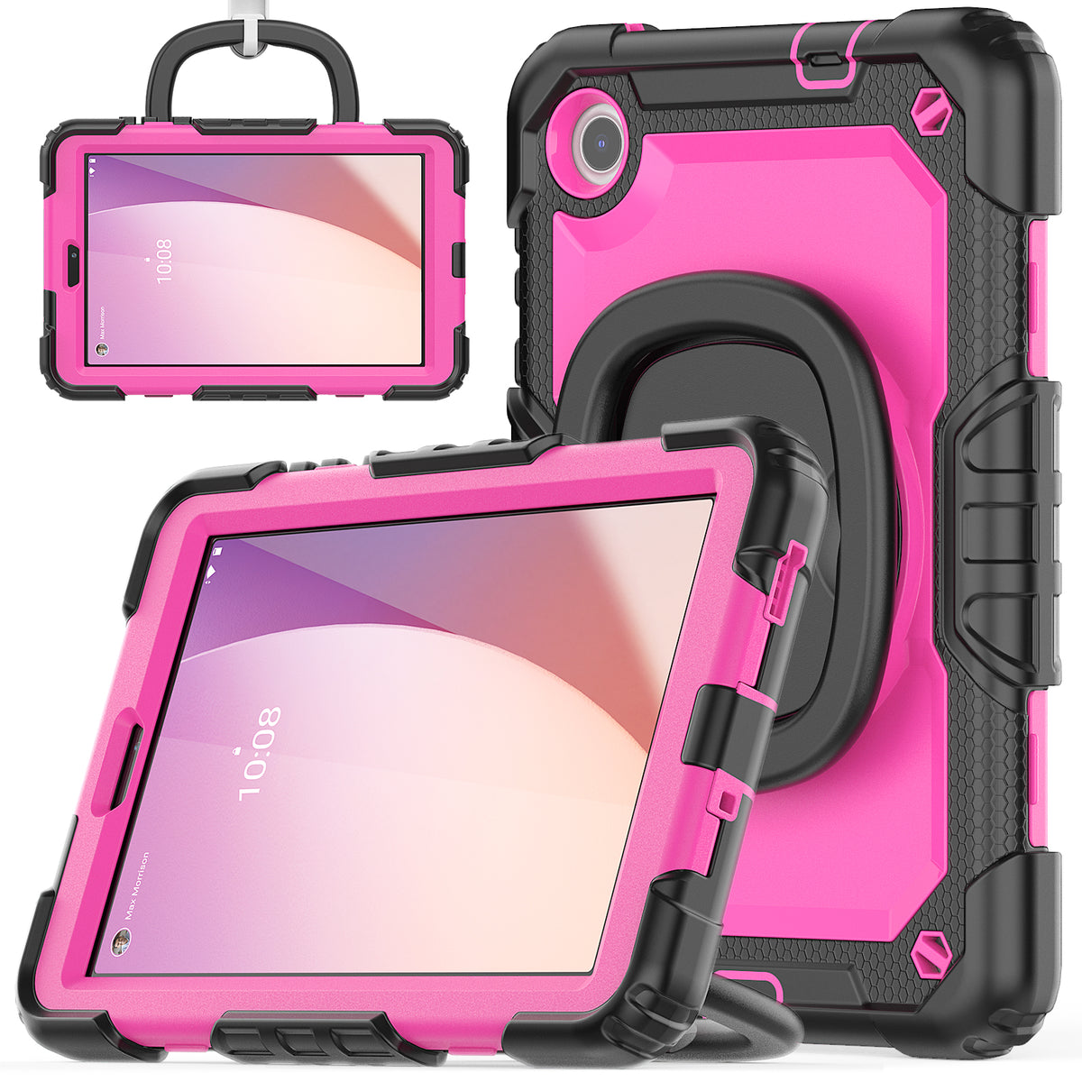 SEYMAC Lenovo Tab M8 (2nd/3rd Gen) 8 Inch Case with pink design and 360° rotating handle grip.