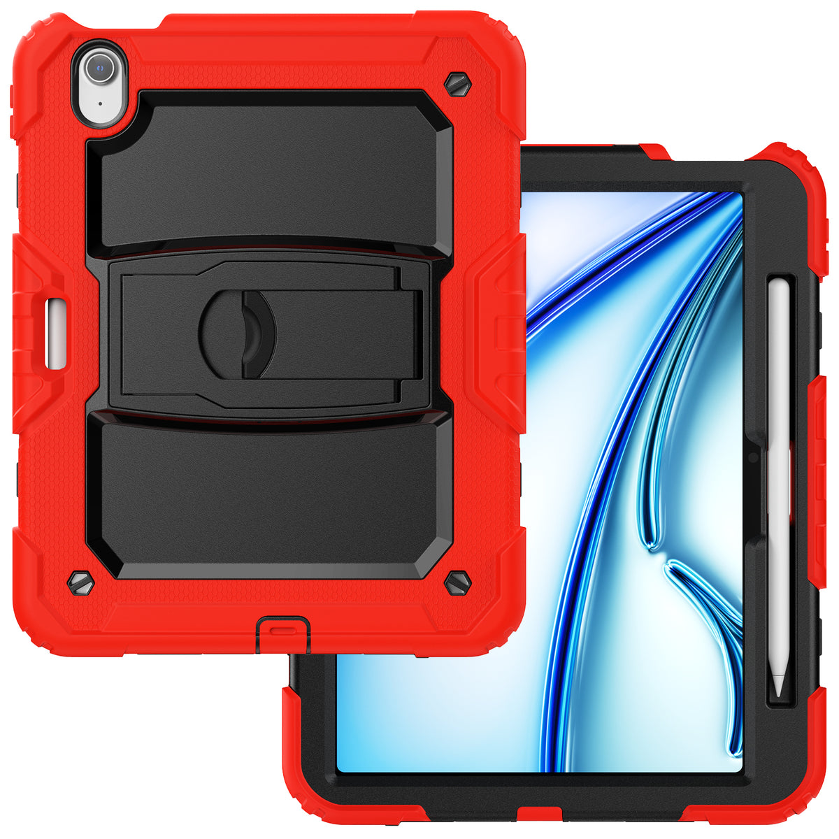SEYMAC iPad Air 13 Inch Case (M2/M3) (2024/2025) in red with kickstand and stylus holder.
