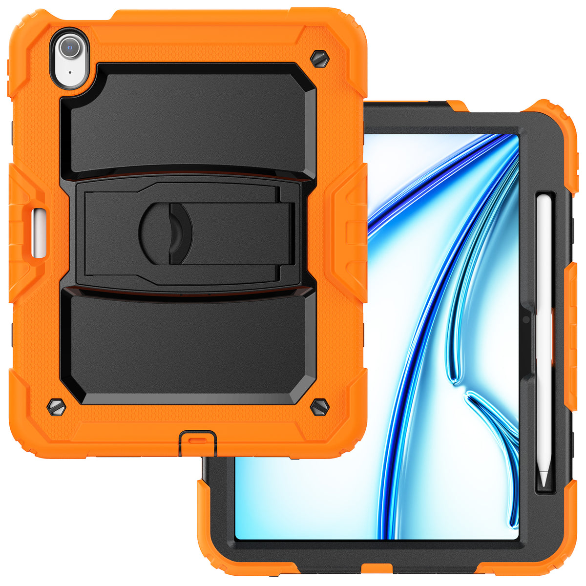 SEYMAC iPad Air 13 Inch Case (M2/M3) (2024/2025) showcasing a durable orange design with a built-in kickstand.