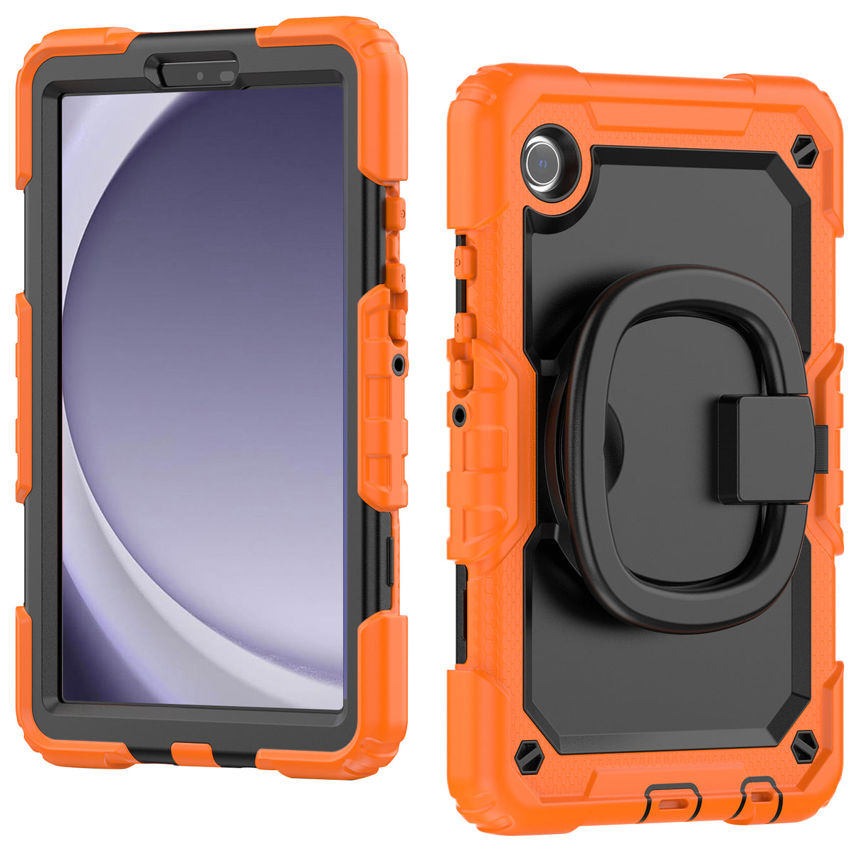SEYMAC Galaxy Tab A11 8.7 Inch Case (2025) in orange with 360° rotating handle and built-in screen protector