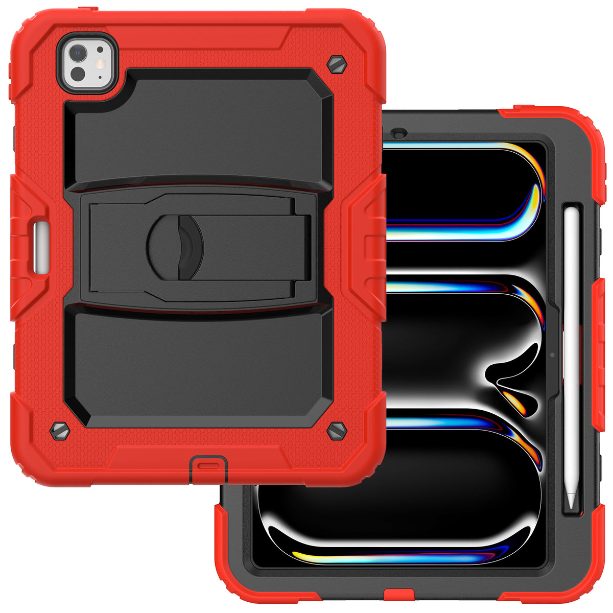 SEYMAC iPad Pro 13 Inch Case (M5/M4) shown in red with built-in kickstand and stylus holder design.