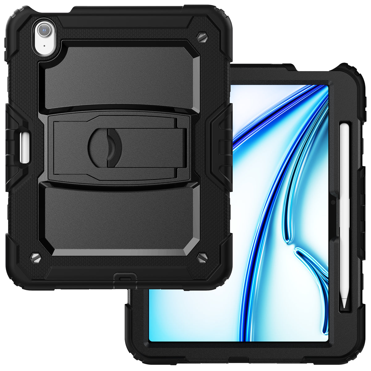 SEYMAC iPad Air 13 Inch Case (M2/M3) (2024/2025) in black with kickstand and stylus holder.