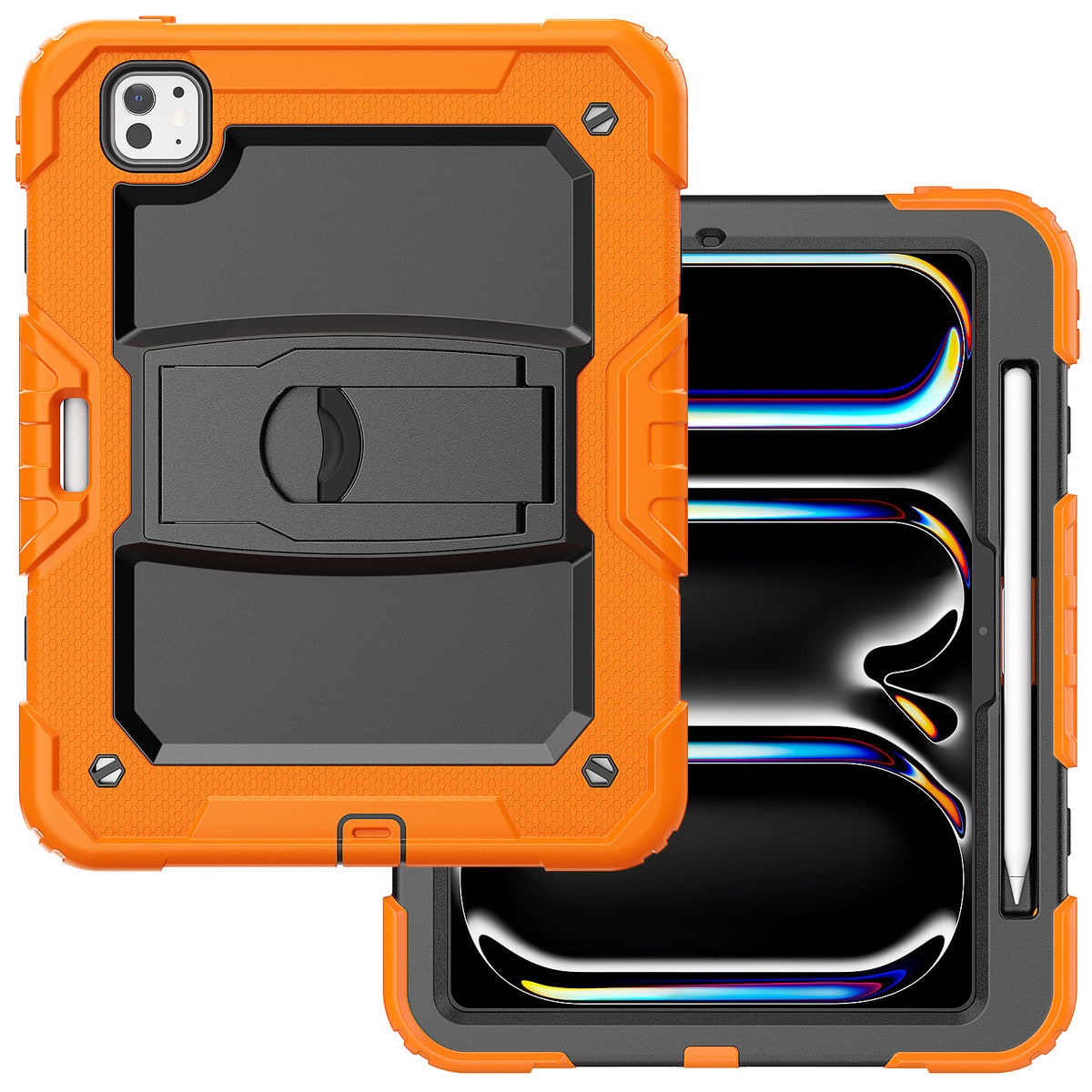 SEYMAC iPad Pro 13 Inch Case (M5/M4) in orange with kickstand and stylus holder.