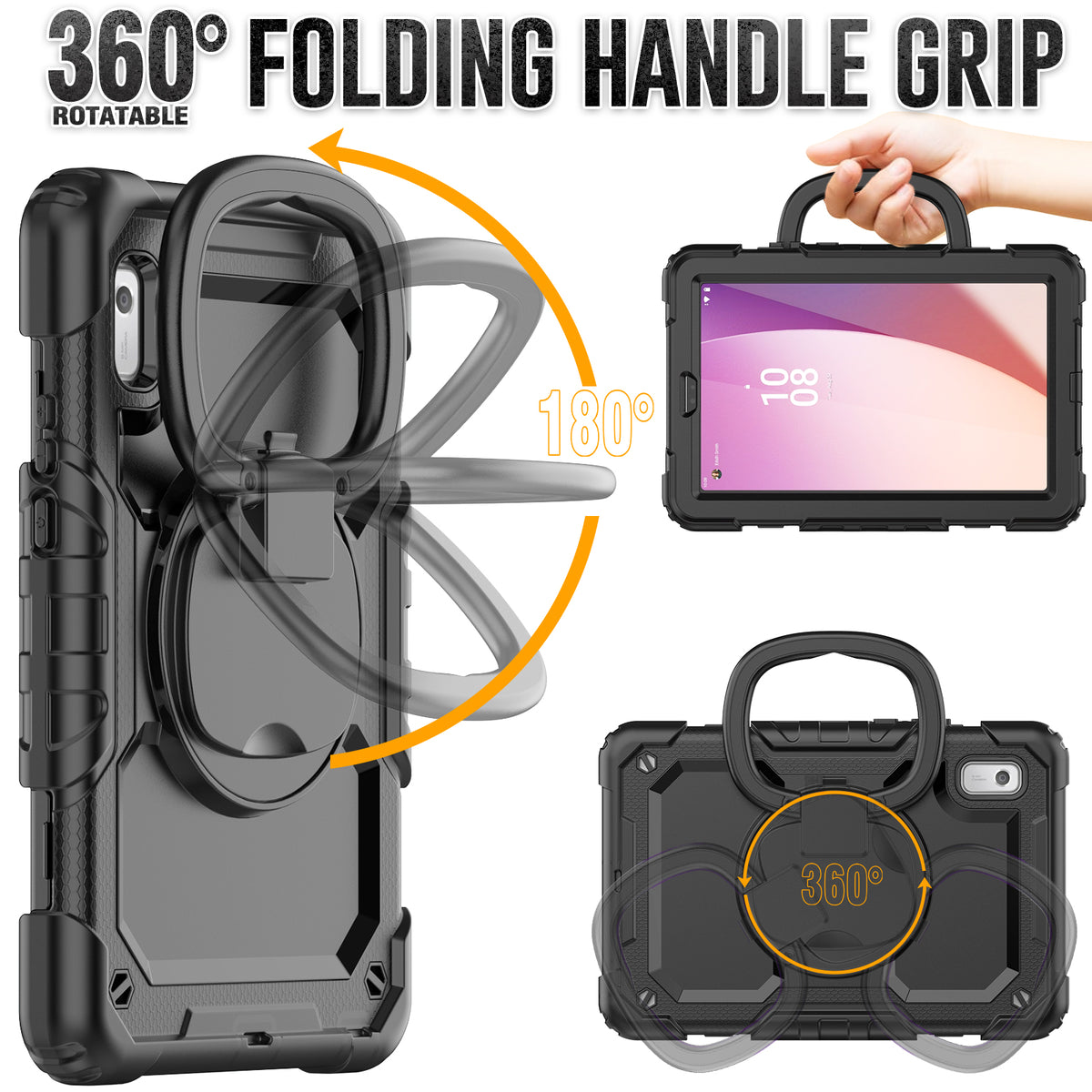 Seymac Lenovo Tab M9 9 Inch Case (2023) features 360° rotating handle grip with 180° fold angle for secure holding.