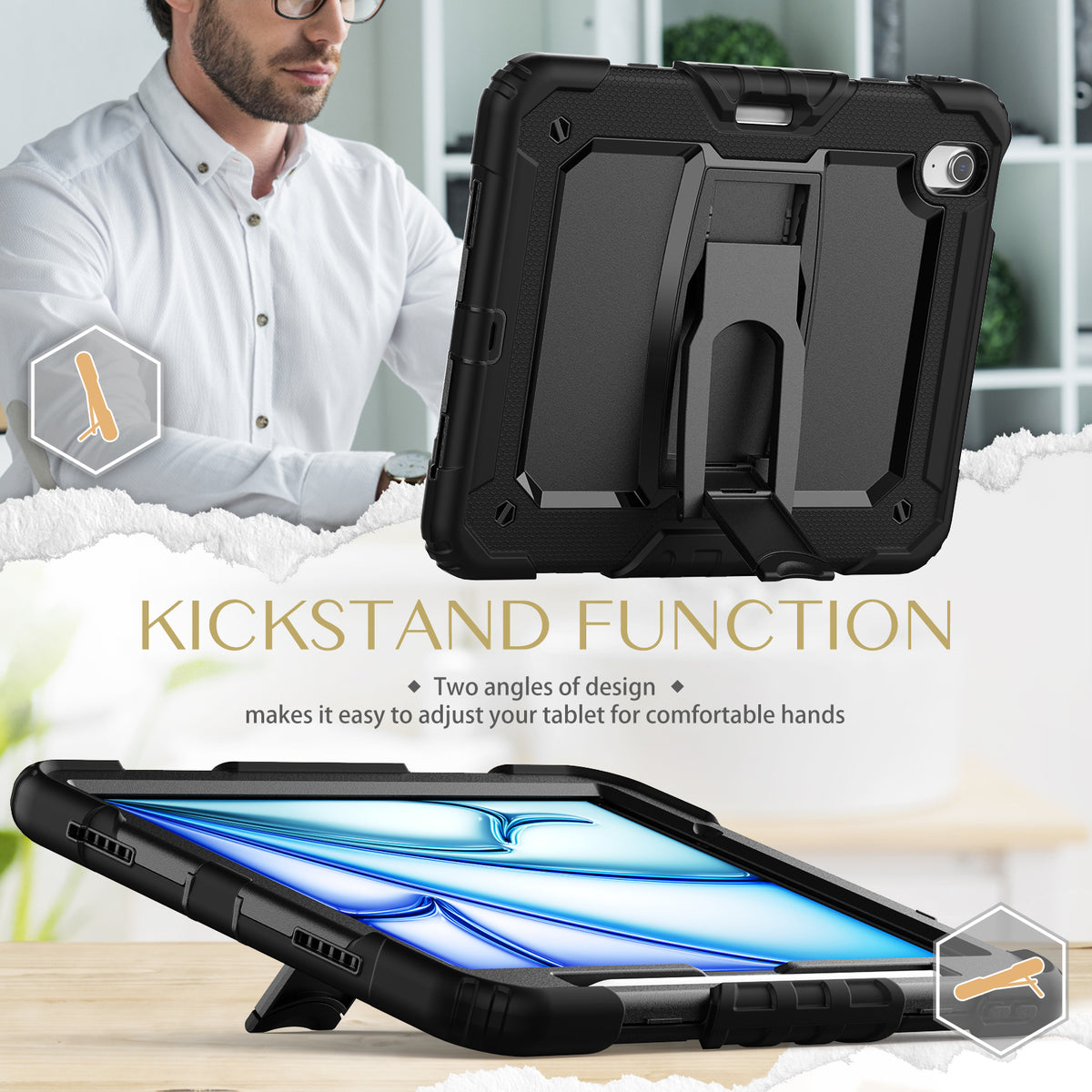 SEYMAC iPad Air 13 Inch Case (M2/M3) (2024/2025) with kickstand function for comfortable hands and multiple angles.
