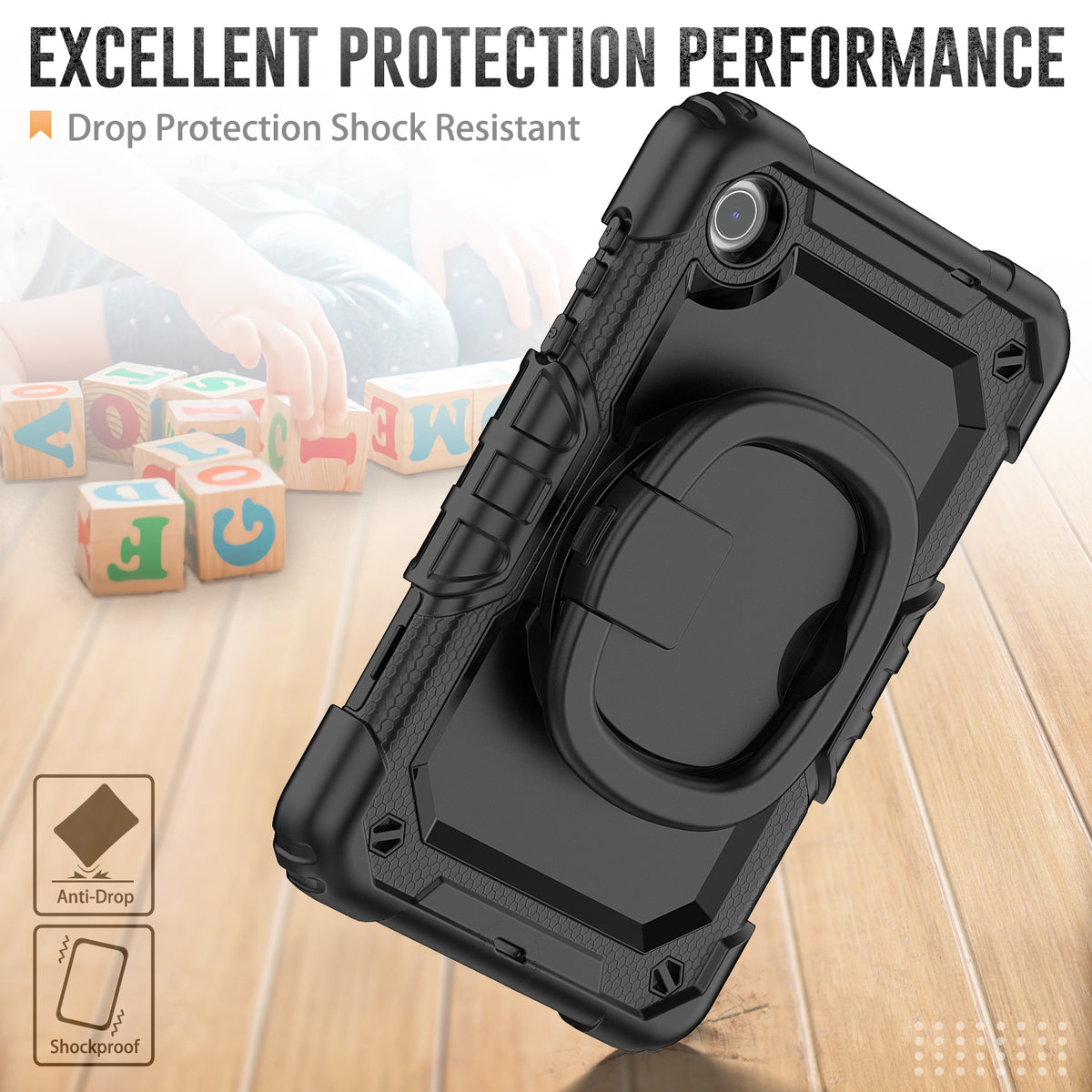 SEYMAC Lenovo Tab M8 (2nd/3rd Gen) 8 Inch Case, black, shock-resistant, drop protection, 360° rotating handle.