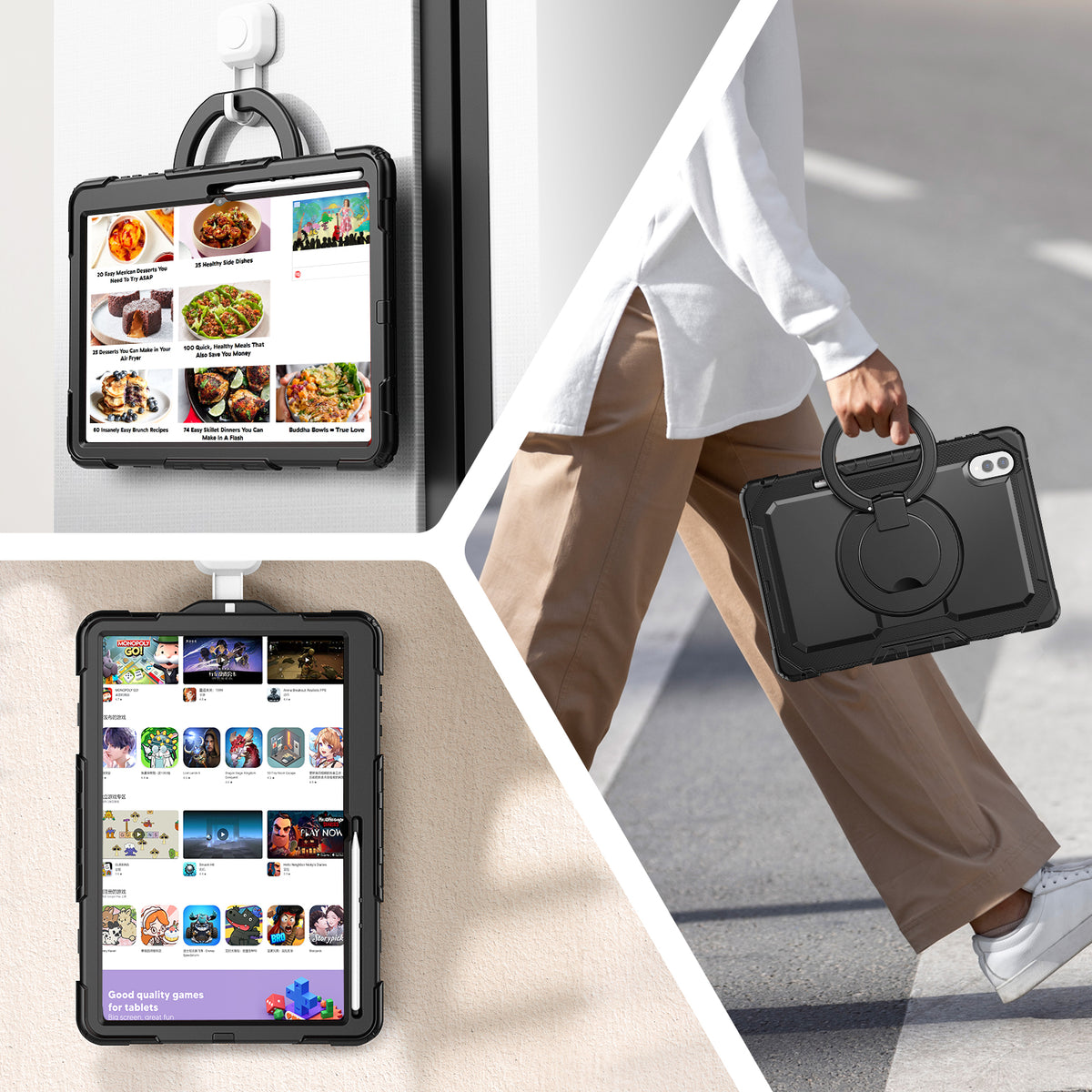 SEYMAC Galaxy Tab S11 Ultra 14.6 Inch Case (2025) shown in use with a 360° rotating handle and screen protector.