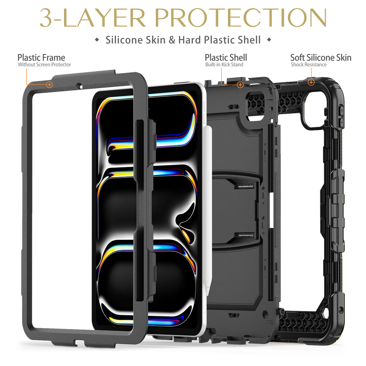 SEYMAC iPad Pro 13 Inch Case (M5/M4) showing 3-layer protection with silicone skin and hard plastic shell.