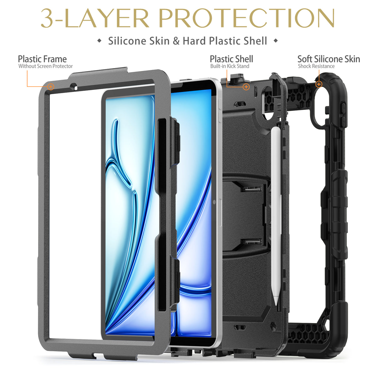 SEYMAC iPad Air 13 Inch Case (M2/M3) (2024/2025) displaying 3-layer protection with silicone skin and hard plastic shell.
