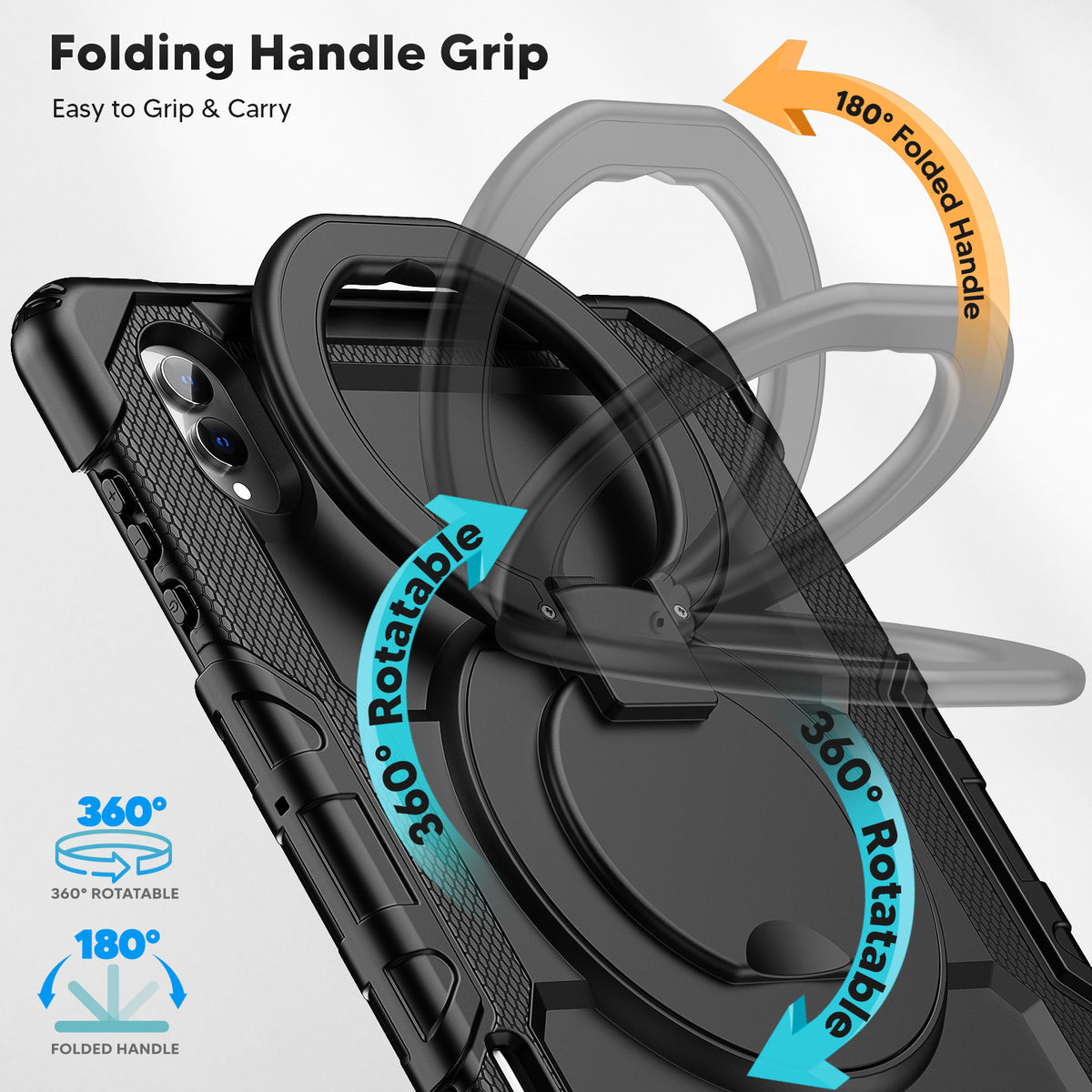 Folding handle grip of SEYMAC Galaxy Tab S11 Ultra 14.6 Inch Case (2025), featuring 360° rotation and 180° folding capability.