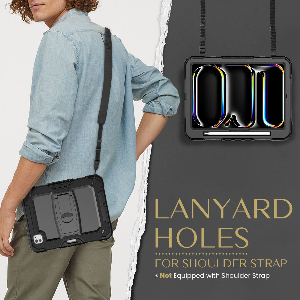 Man wearing SEYMAC iPad Pro 13 Inch Case (M5/M4) with lanyard holes, showcasing hands-free carrying.