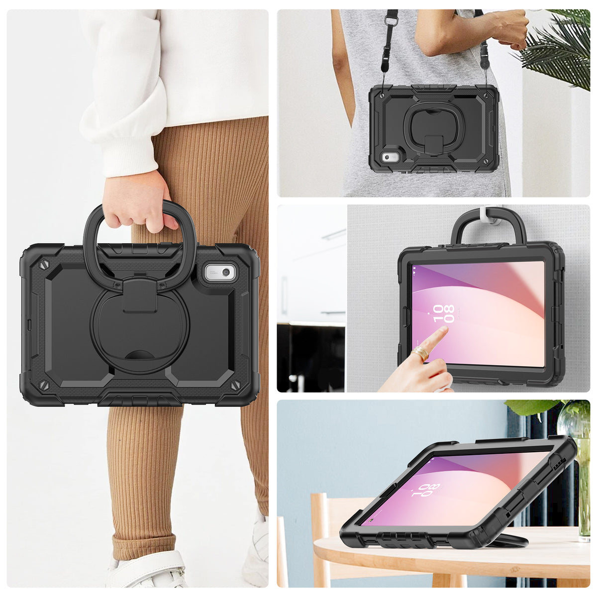 Seymac Lenovo Tab M9 9 Inch Case (2023) showing 360° rotating handle grip and shoulder strap features.