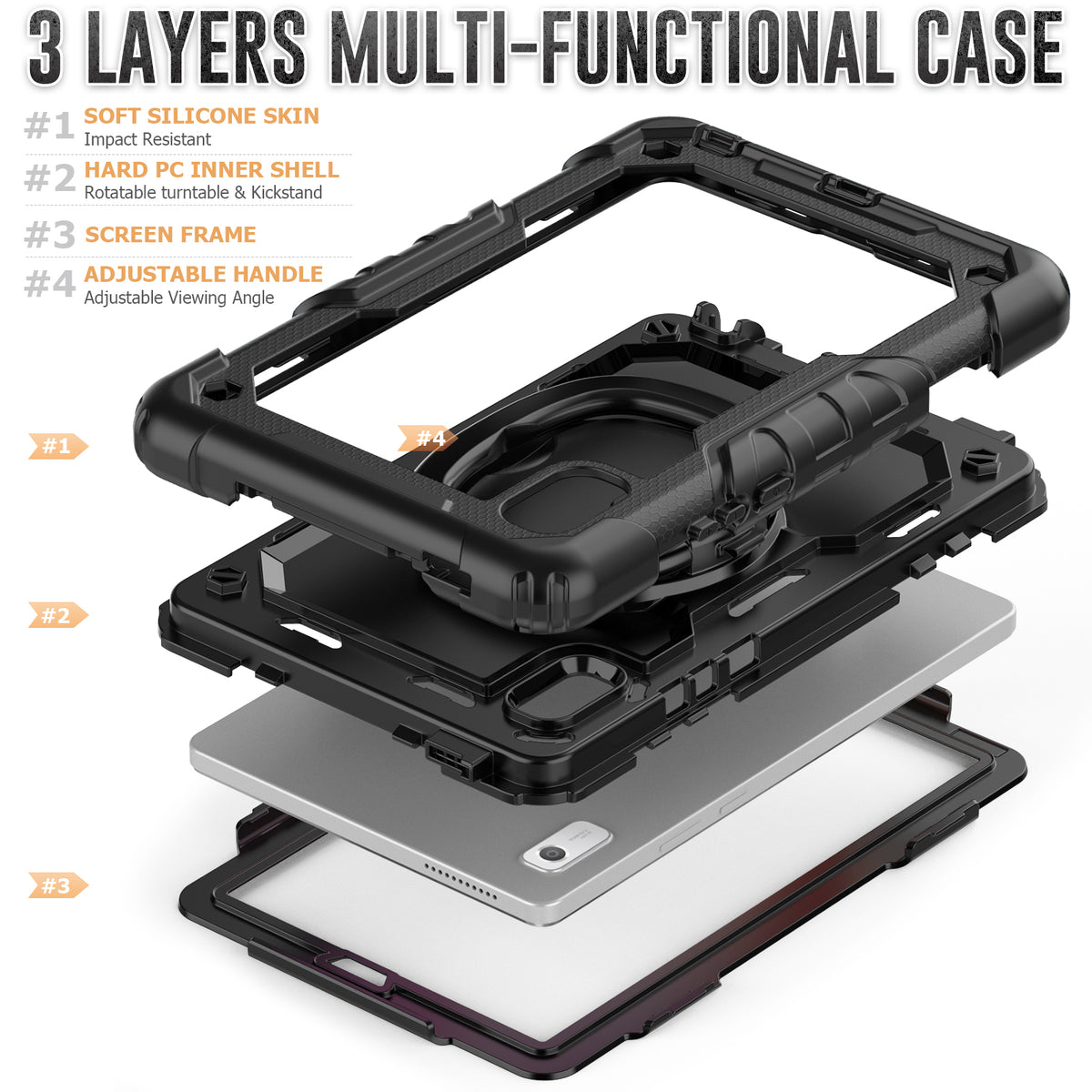 Seymac Lenovo Tab M9 9 Inch Case (2023) showcasing 3 layers of multi-functional protection with adjustable features.
