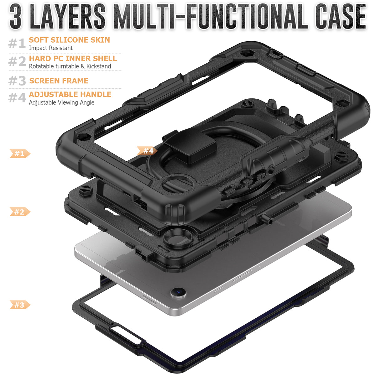 SEYMAC Galaxy Tab A11 8.7 Inch Case (2025) showing 3 layers of protection and adjustable handle for perfect handling.