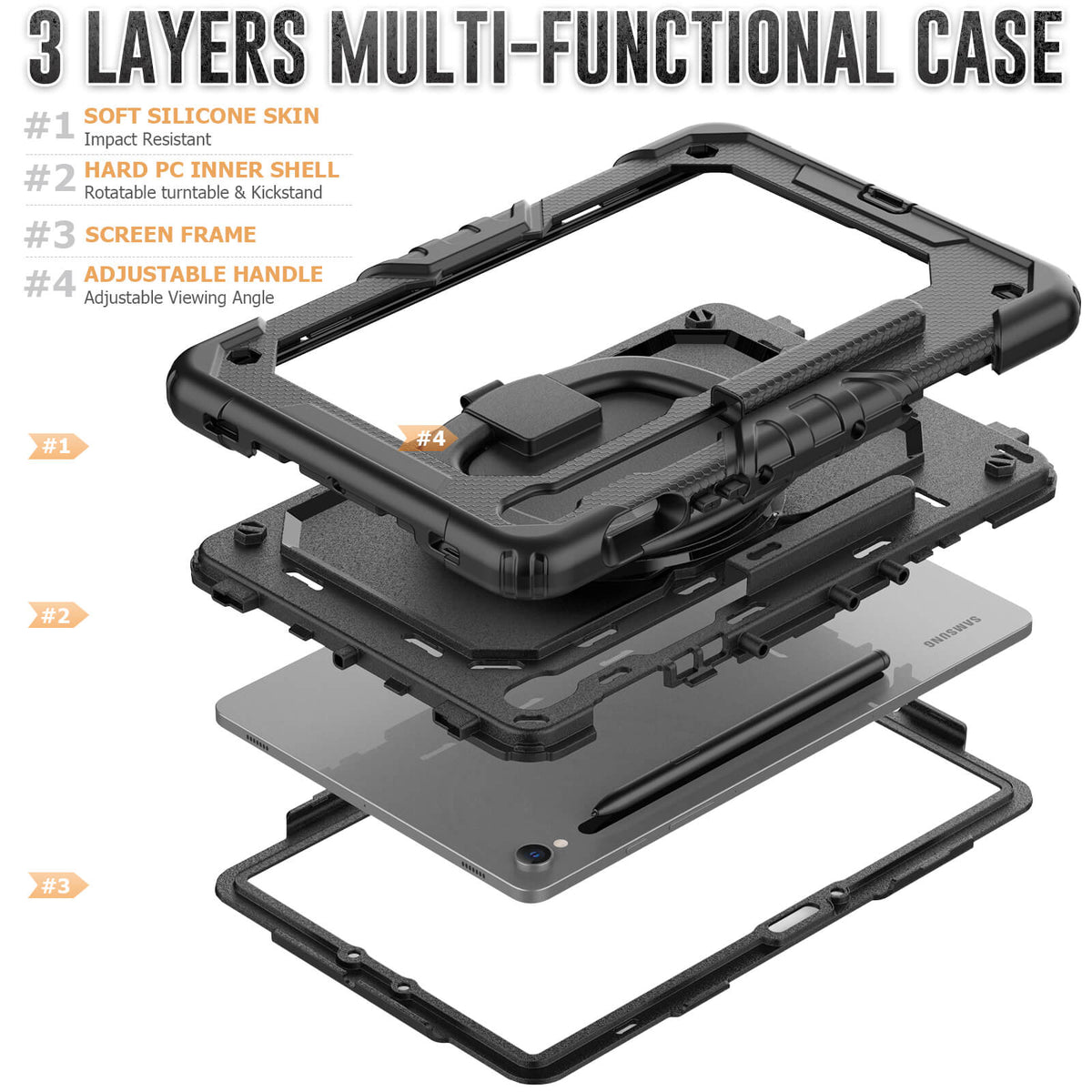 SEYMAC Galaxy Tab S10 Lite 10.9 Inch Case (2025) featuring 3 layers, adjustable handle, and impact-resistant design.