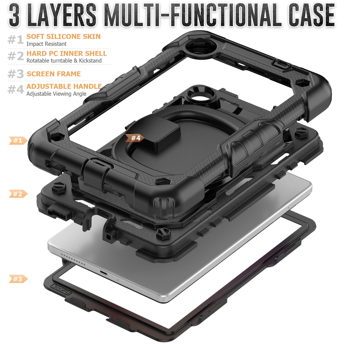 3 layers multi-functional case for SEYMAC Lenovo Tab M8 (2nd/3rd Gen) 8 Inch with adjustable handle and impact resistance.