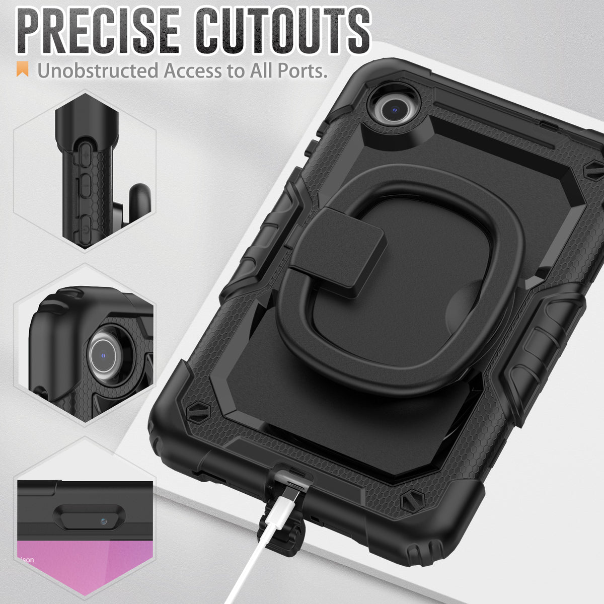 Detailed view of SEYMAC Lenovo Tab M8 (2nd/3rd Gen) 8 Inch Case showcasing precise cutouts for unobstructed access to ports.