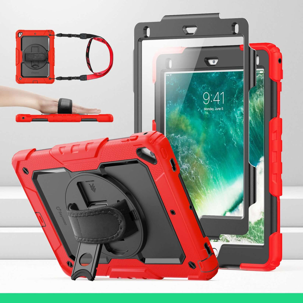 iPad Air (2nd Gen) 9.7-Inch rugged case with hand strap, Red