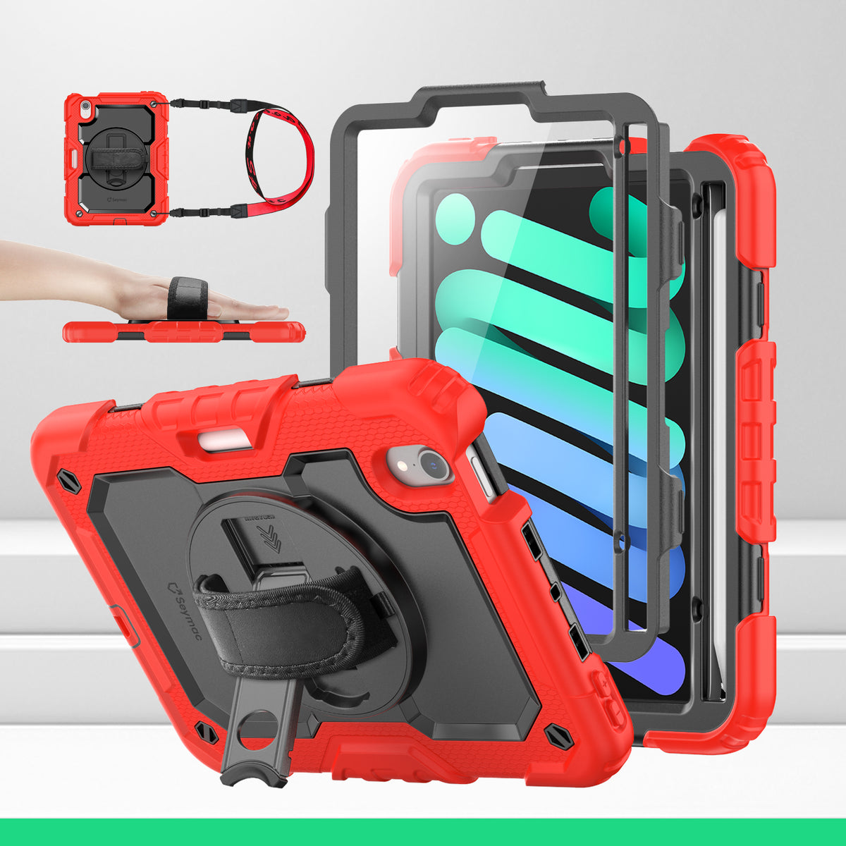 iPad Mini (A17 Pro/6th Gen) 8.3-Inch rugged case with hand strap, Red