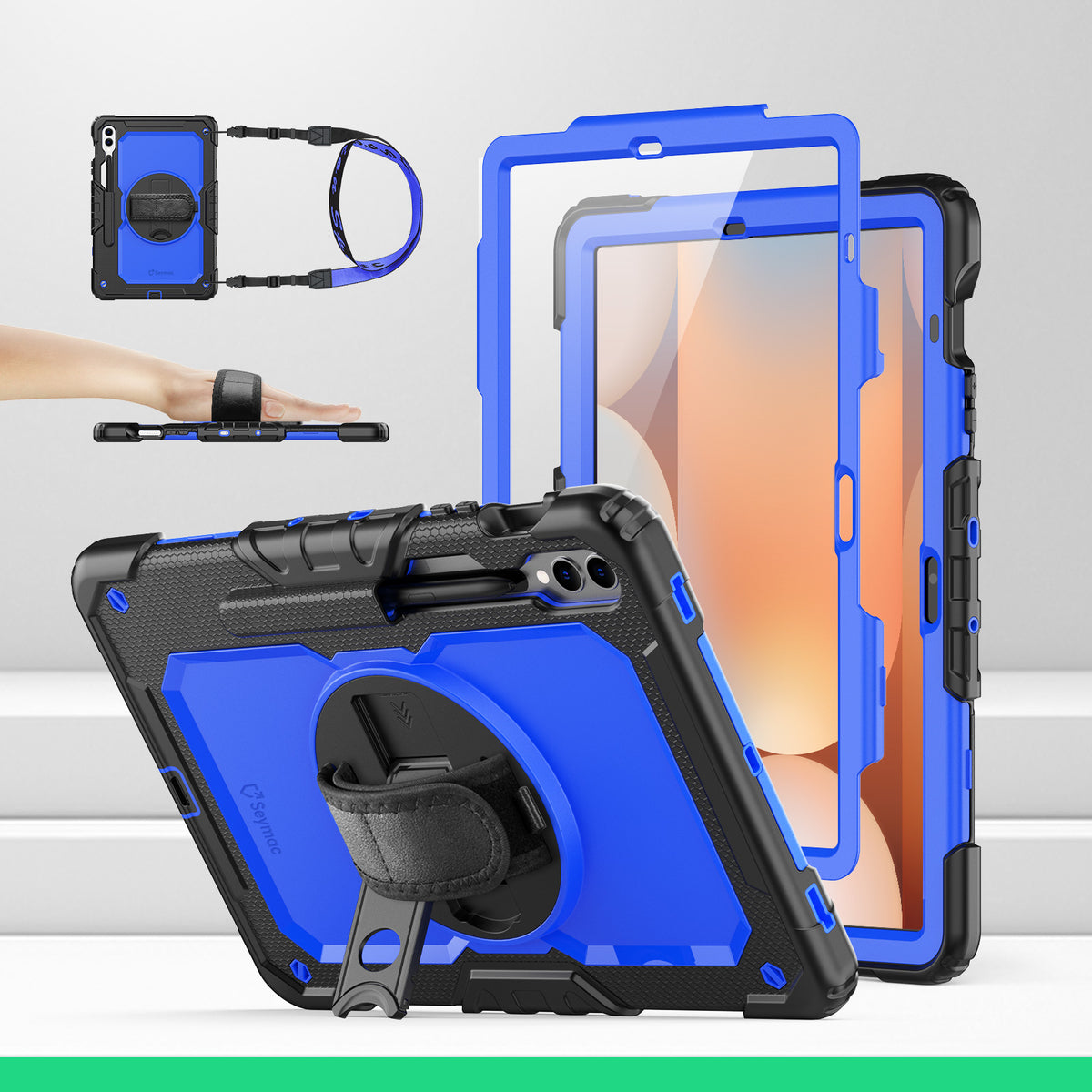 Samsung Galaxy Tab S10+/S9 FE+/S9+ 12.4-Inch rugged case with hand strap, Blue