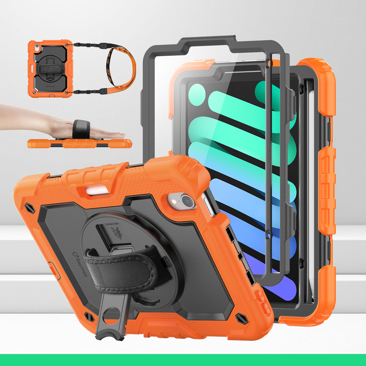 iPad Mini (A17 Pro/6th Gen) 8.3-Inch rugged case with hand strap, Orange