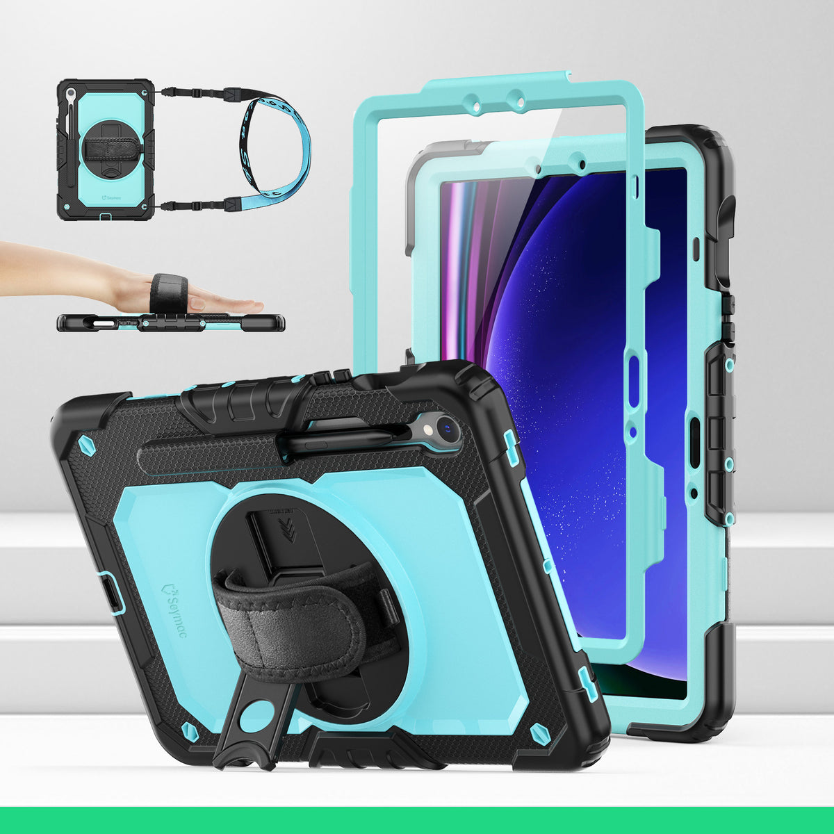 Samsung Galaxy Tab S10 Lite/S10 FE/S9 FE/S9 10.9/11 Inch rugged case with hand strap, SkyBlue