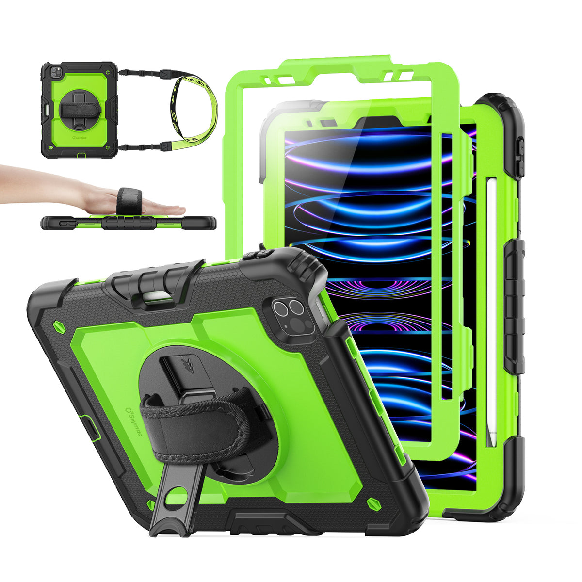 iPad Pro 11" (4th/3rd/2nd/1st Gen) rugged case with hand strap, Lime Green
