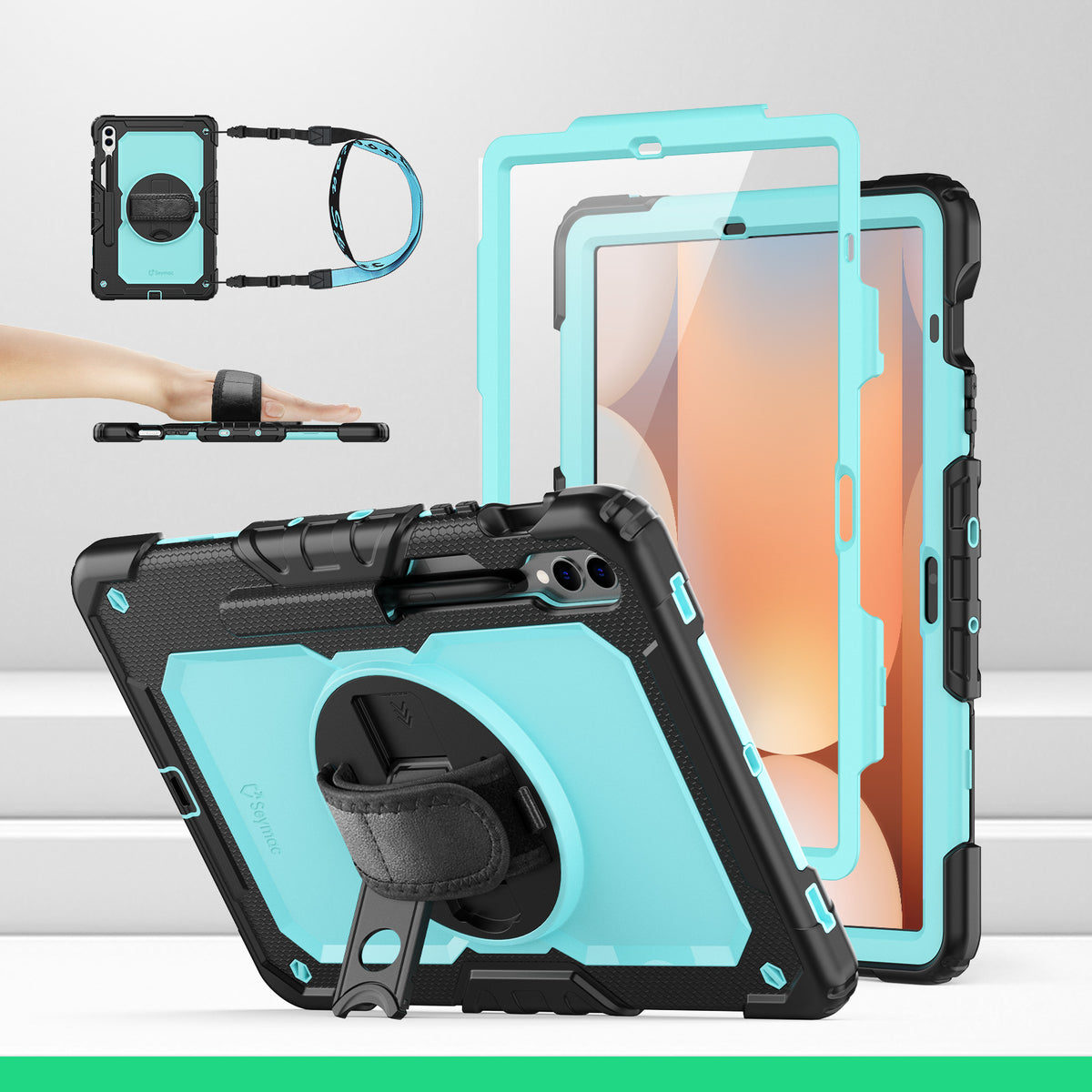 Samsung Galaxy Tab S10+/S9 FE+/S9+ 12.4-Inch rugged case with hand strap, SkyBlue