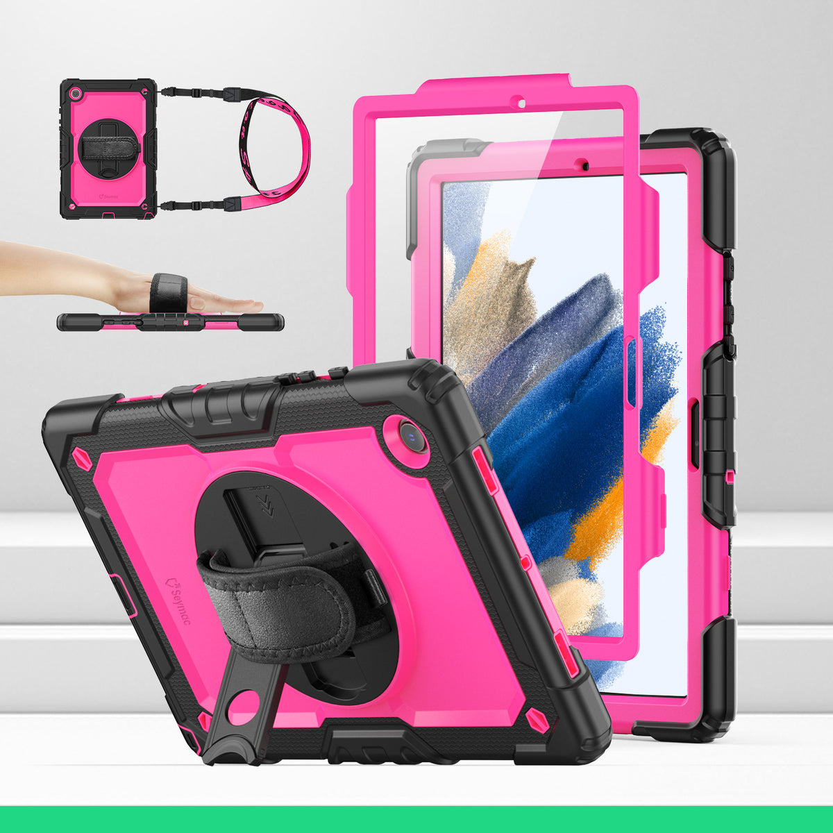 Samsung Galaxy Tab A8 10.5-Inch rugged case with hand strap, DeepPink