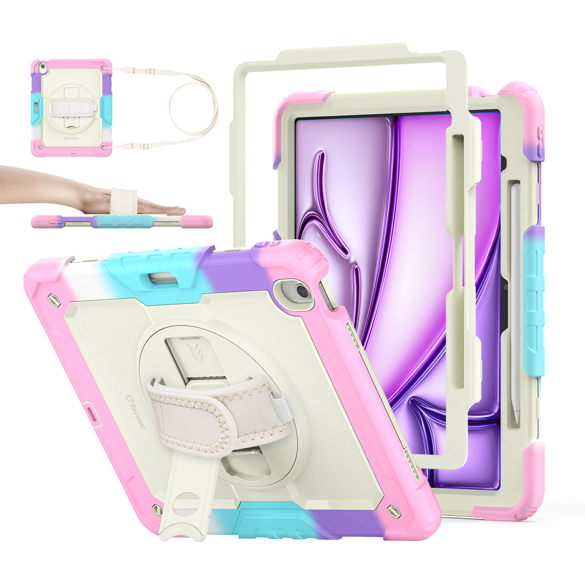 iPad Air 13-Inch (M4/M2/M3) rugged case with hand strap, Rainbow Pink