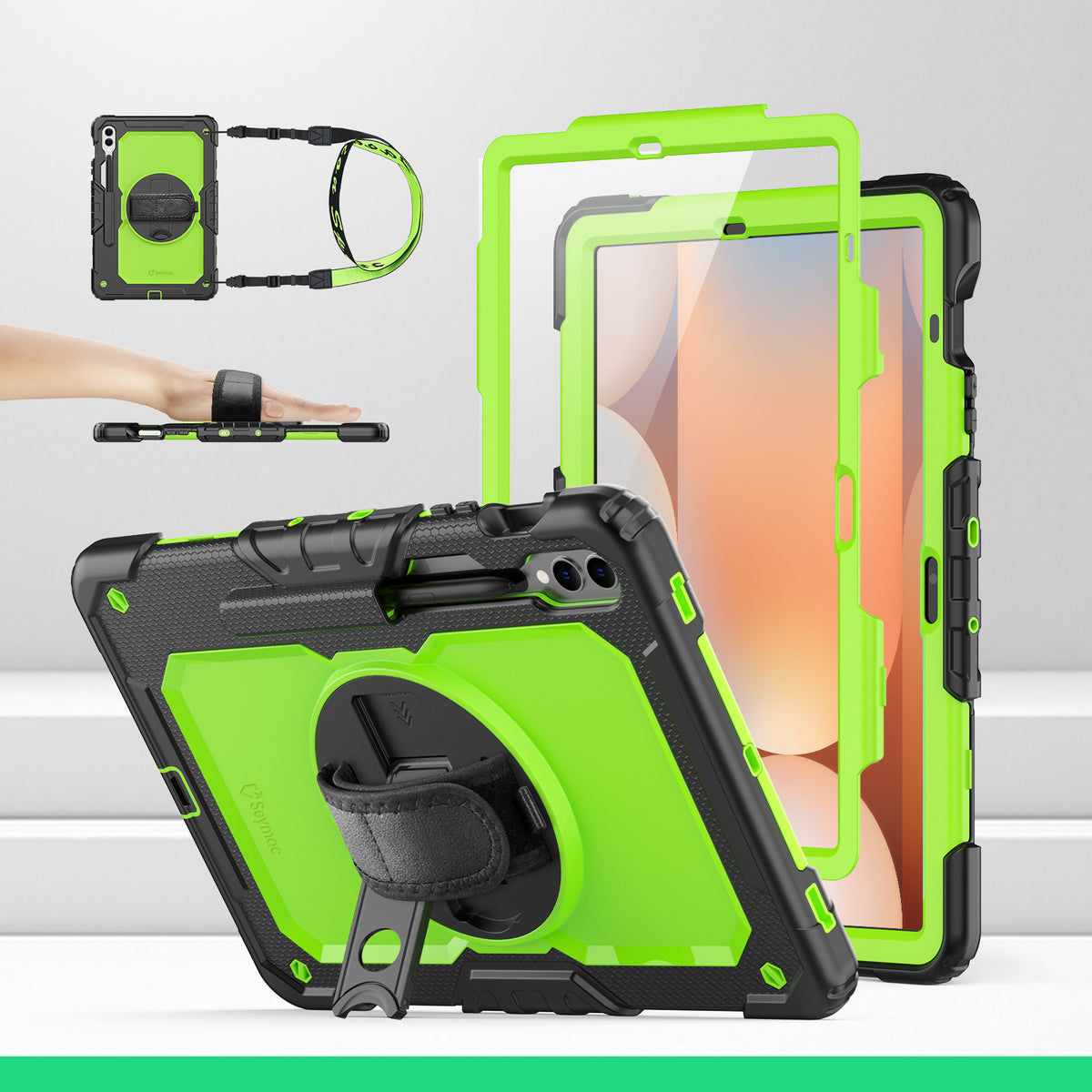 Samsung Galaxy Tab S10+/S9 FE+/S9+ 12.4-Inch rugged case with hand strap, Lime Green