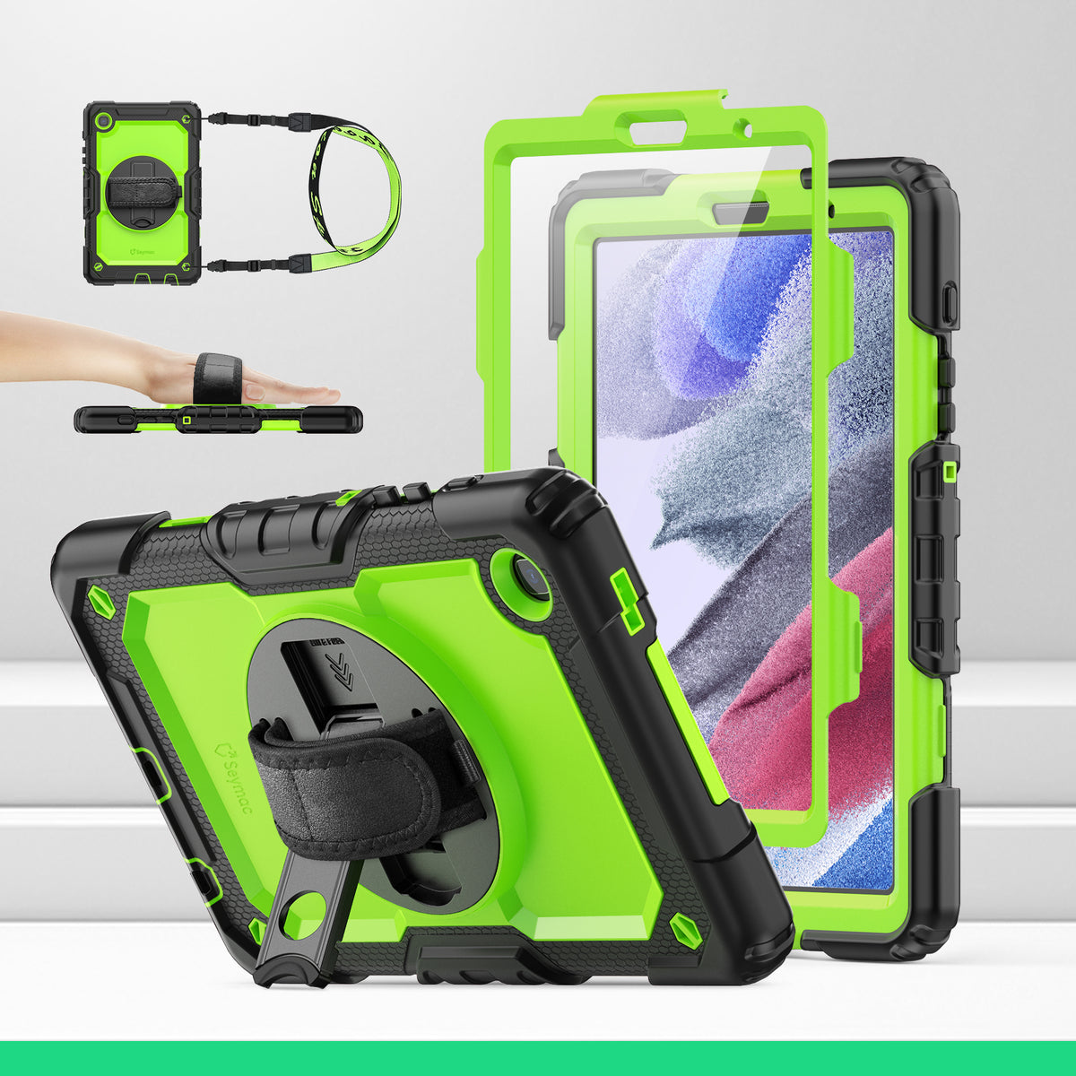 Samsung Galaxy Tab A7 Lite 8.7-Inch rugged case with hand strap, Lime Green