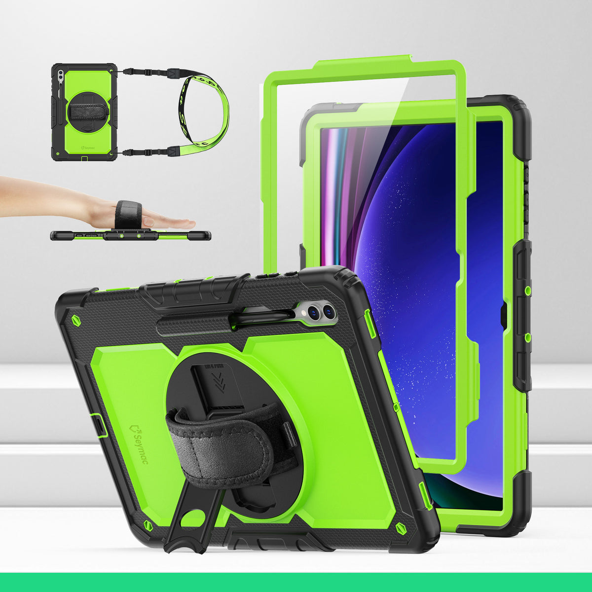 Samsung Galaxy Tab S10/S9/S8 Ultra 14.6-Inch rugged case with hand strap, Lime Green