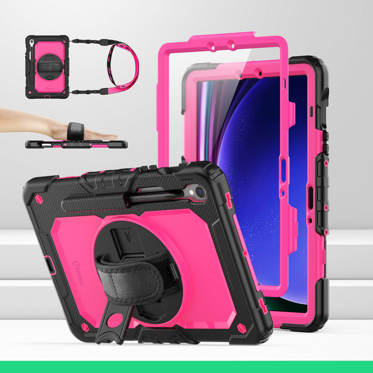Samsung Galaxy Tab S10 Lite/S10 FE/S9 FE/S9 10.9/11 Inch rugged case with hand strap, DeepPink