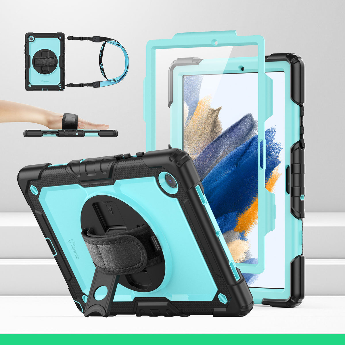 Samsung Galaxy Tab A8 10.5-Inch rugged case with hand strap, SkyBlue