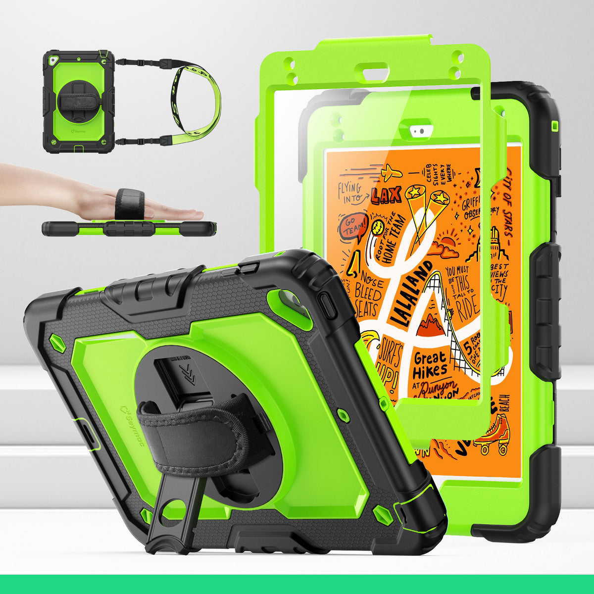 iPad Mini (4th/5th Gen) 7.9-Inch rugged case with hand strap, Lime Green