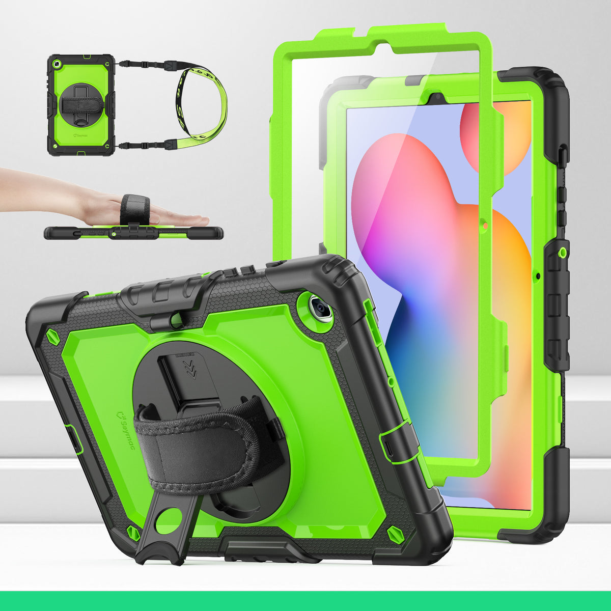 Samsung Galaxy Tab S6 Lite 10.4 Inch rugged case with hand strap, Lime Green
