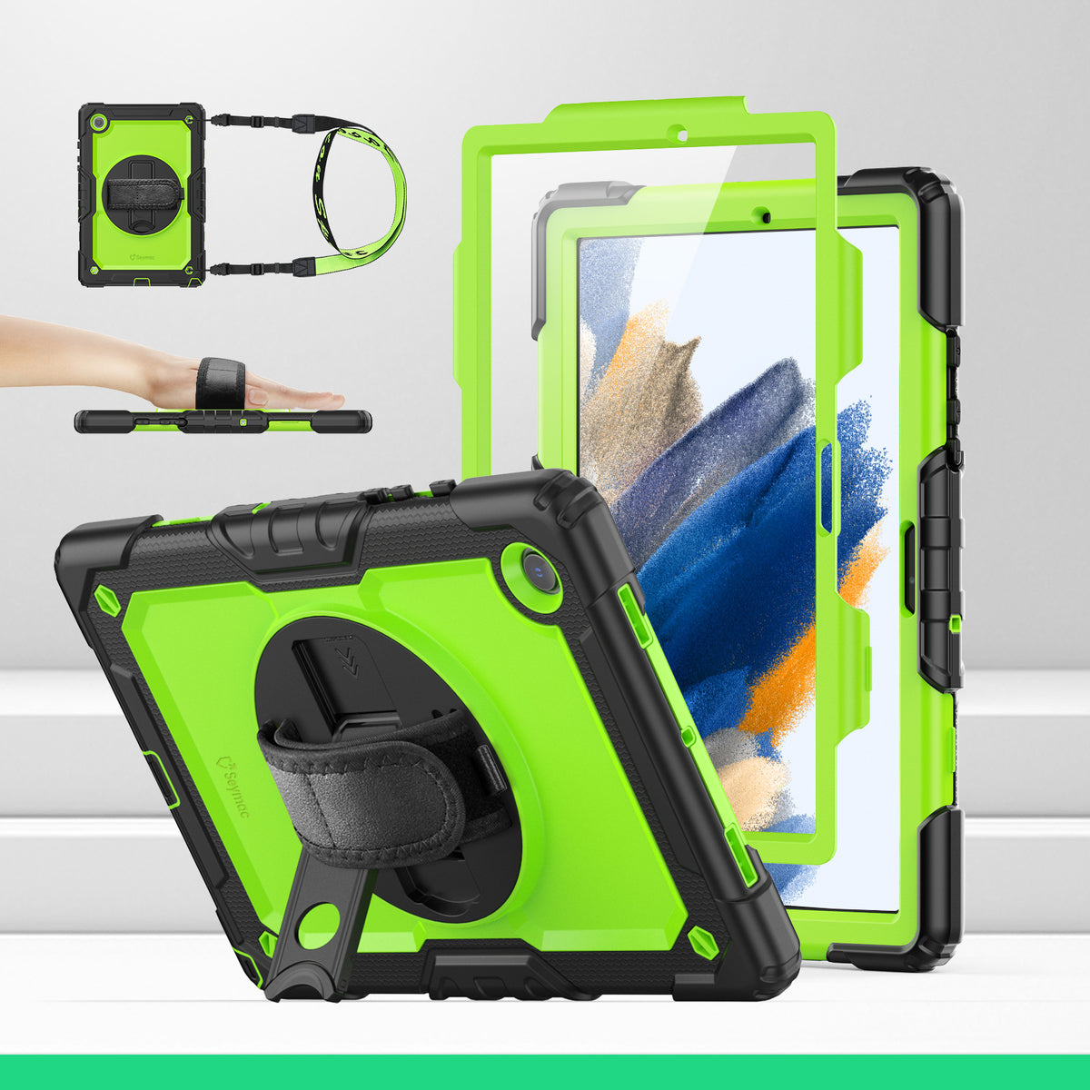 Samsung Galaxy Tab A8 10.5-Inch rugged case with hand strap, Lime Green