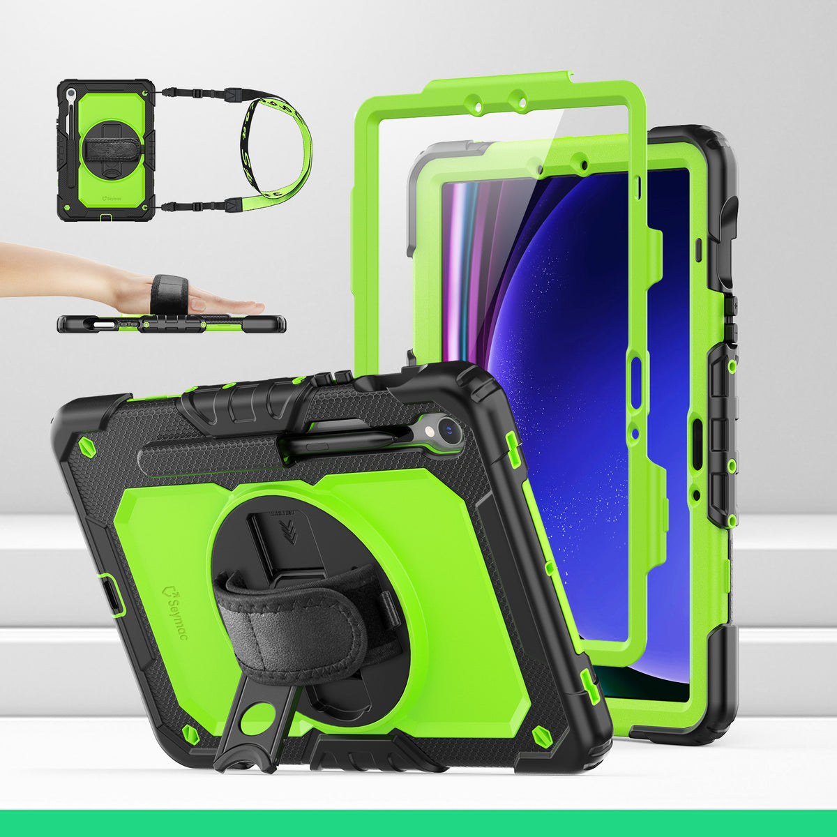Samsung Galaxy Tab S10 Lite/S10 FE/S9 FE/S9 10.9/11 Inch rugged case with hand strap, Lime Green