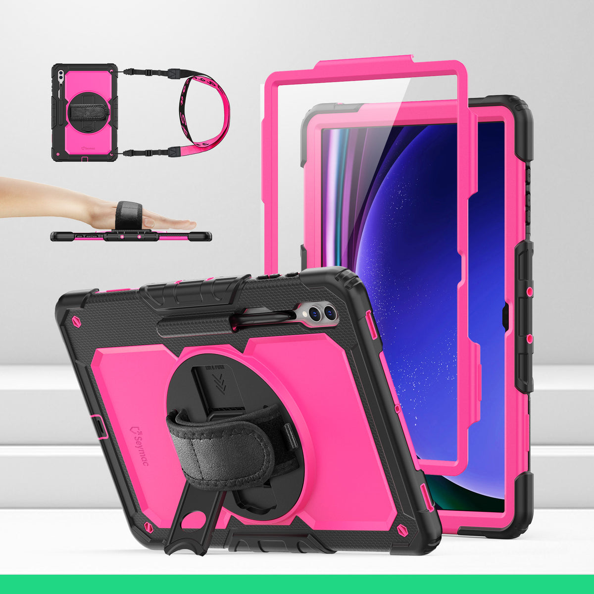 Samsung Galaxy Tab S10/S9/S8 Ultra 14.6-Inch rugged case with hand strap, DeepPink