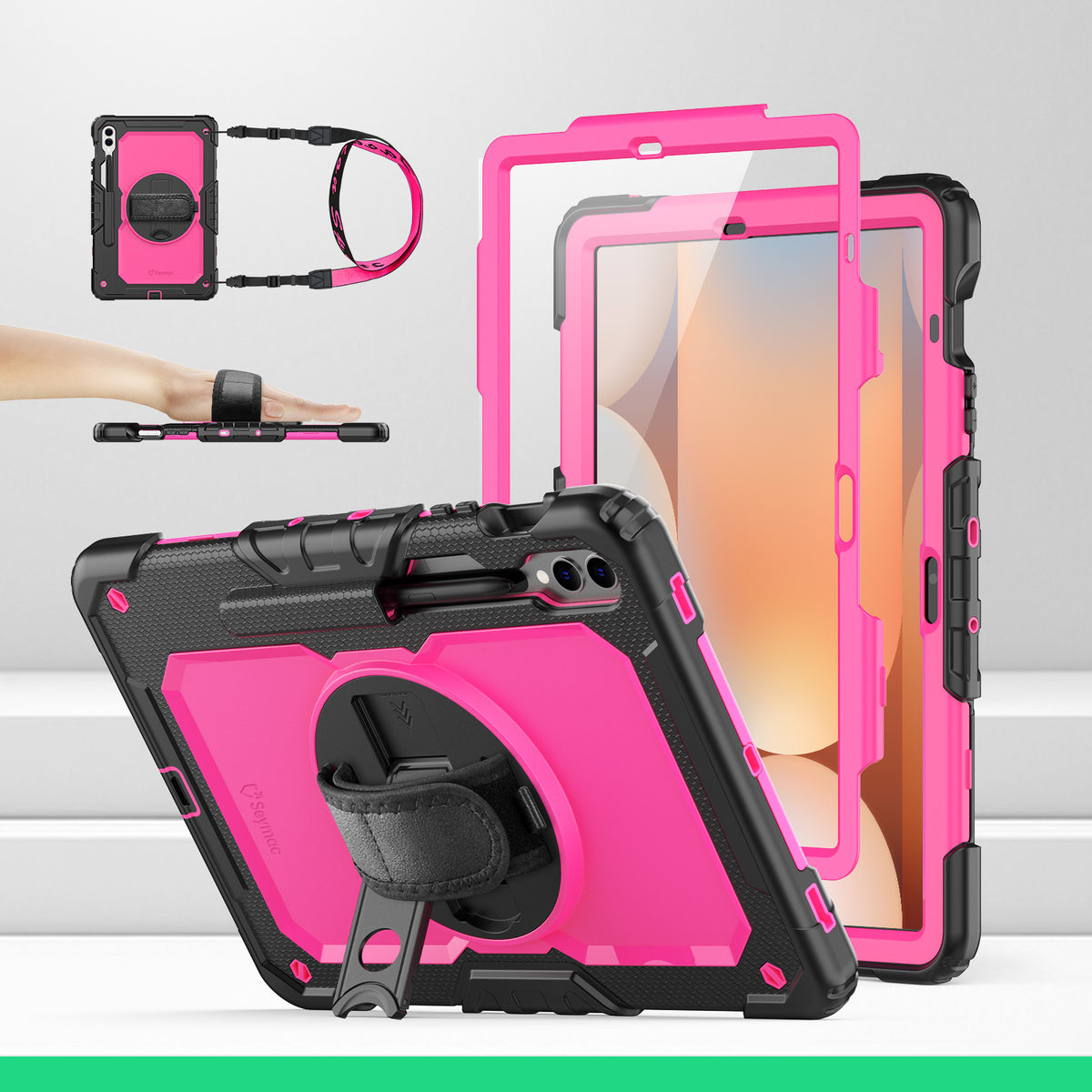 Samsung Galaxy Tab S10+/S9 FE+/S9+ 12.4-Inch rugged case with hand strap, DeepPink