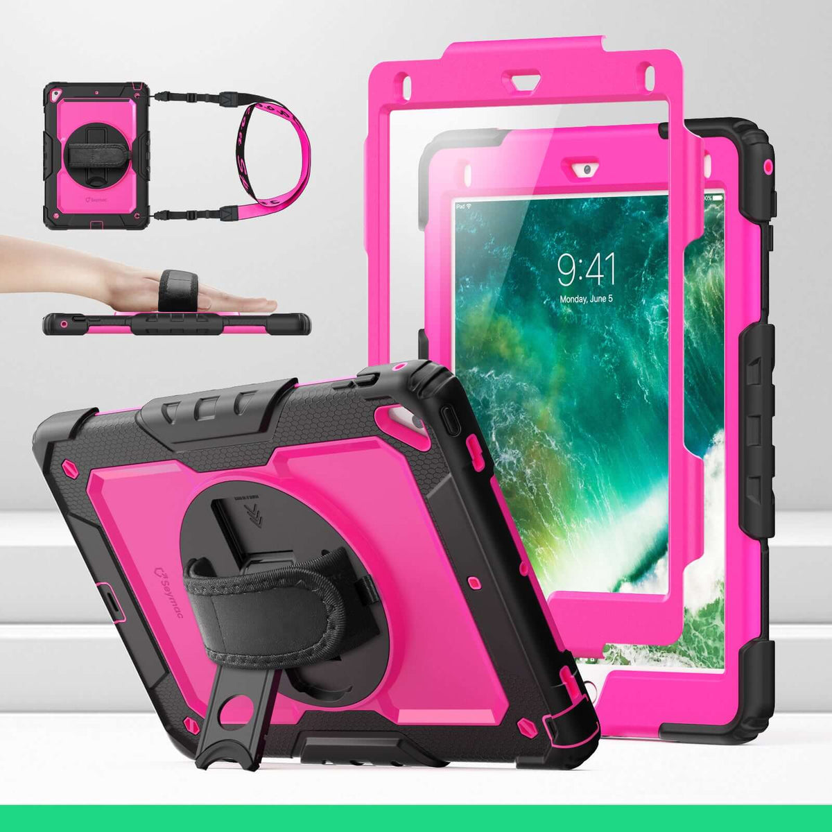 iPad Air (2nd Gen) 9.7-Inch rugged case with hand strap, DeepPink