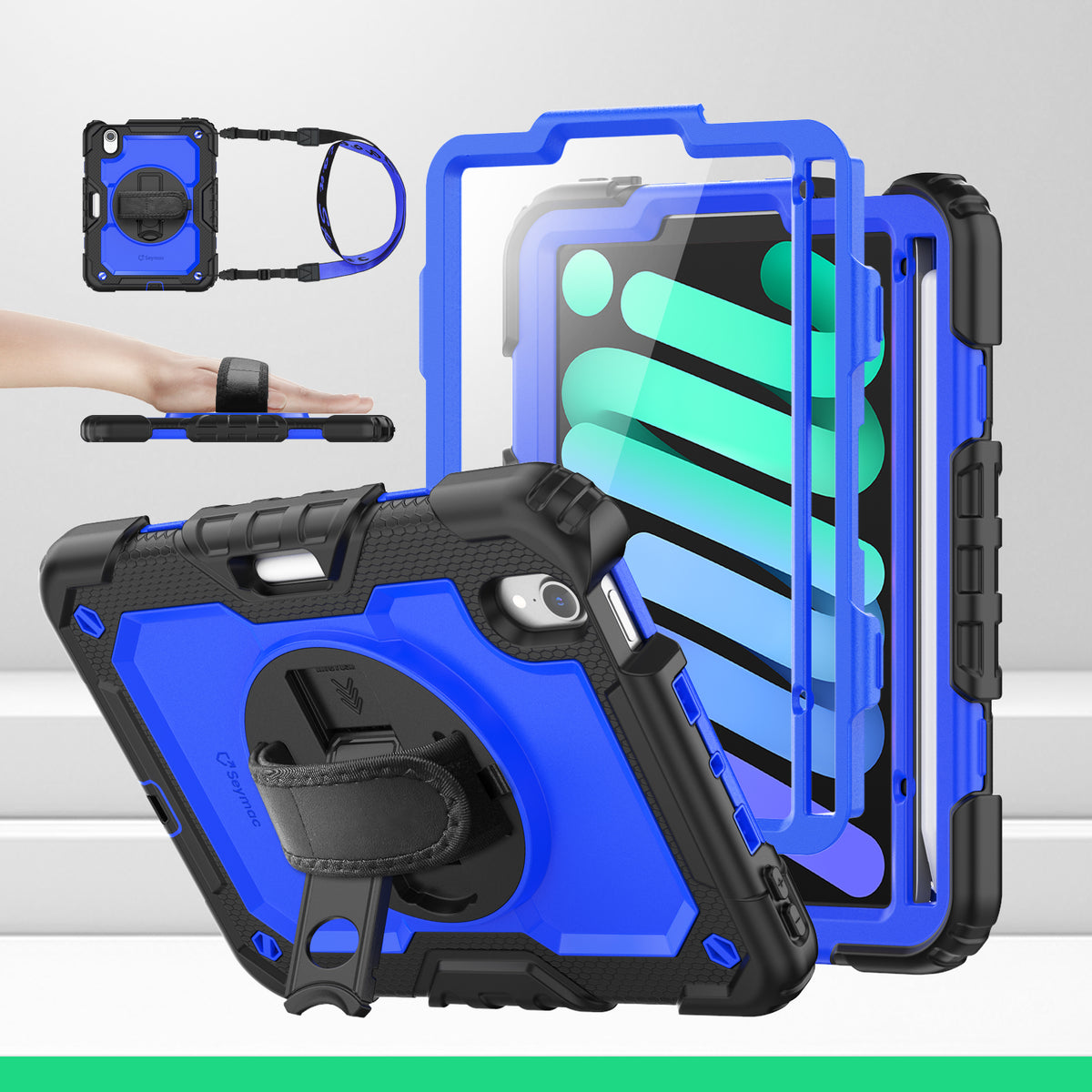 iPad Mini (A17 Pro/6th Gen) 8.3-Inch rugged case with hand strap, Blue