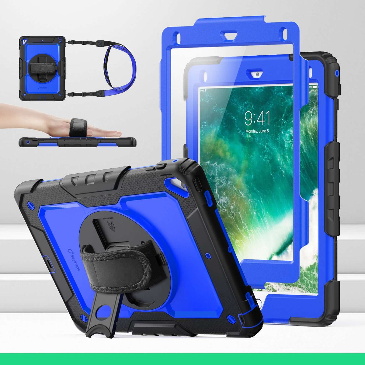 iPad Air (2nd Gen) 9.7-Inch rugged case with hand strap, Blue