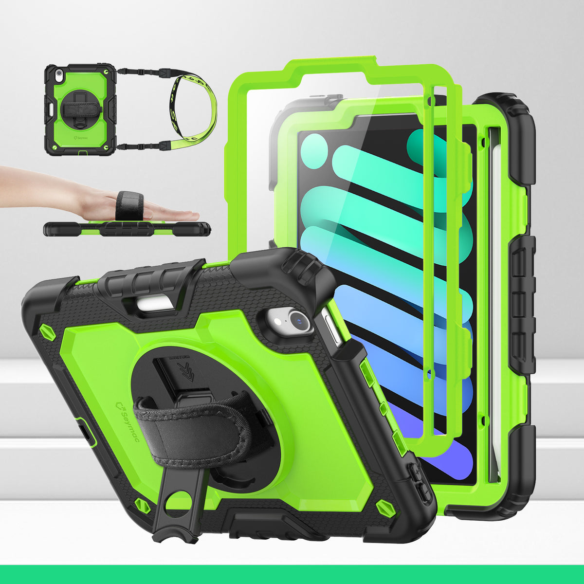 iPad Mini (A17 Pro/6th Gen) 8.3-Inch rugged case with hand strap, Lime Green