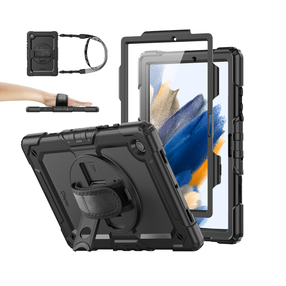 Samsung Galaxy Tab A8 10.5-Inch rugged case with hand strap, black