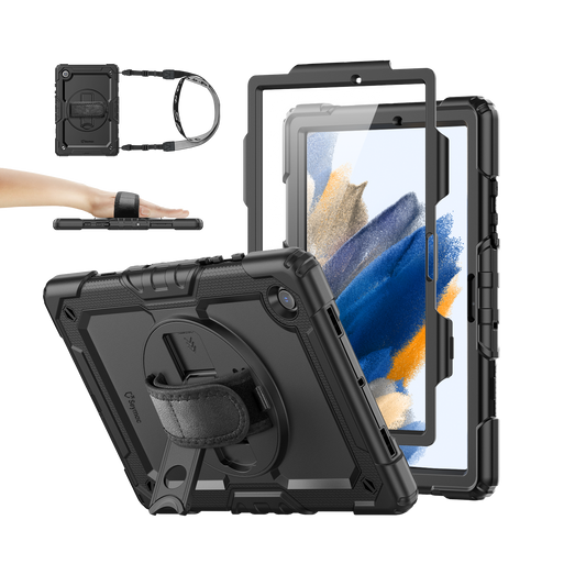 Samsung Galaxy Tab A8 10.5-Inch rugged case with hand strap, black