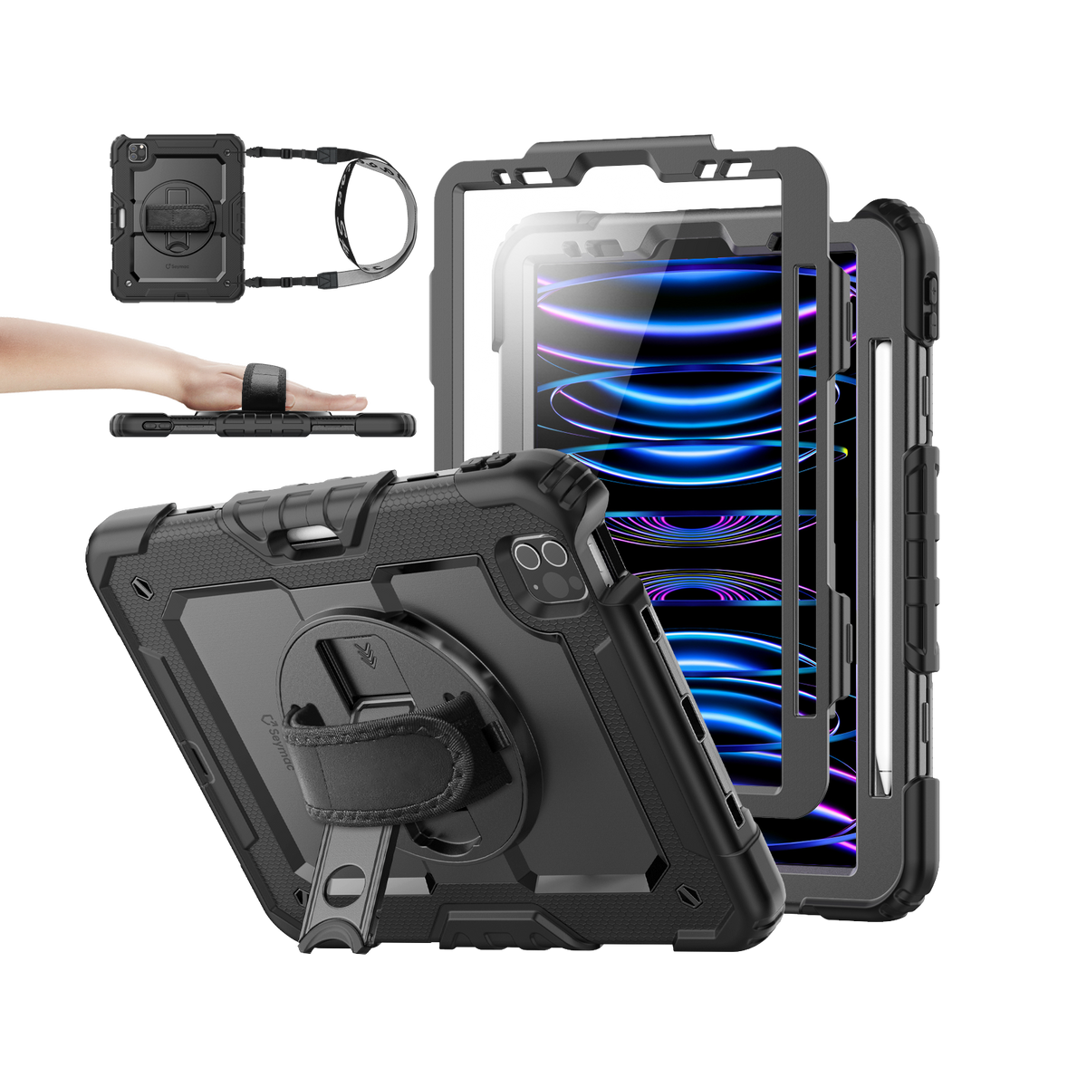 iPad Pro 11" (4th/3rd/2nd/1st Gen) rugged case with hand strap, black