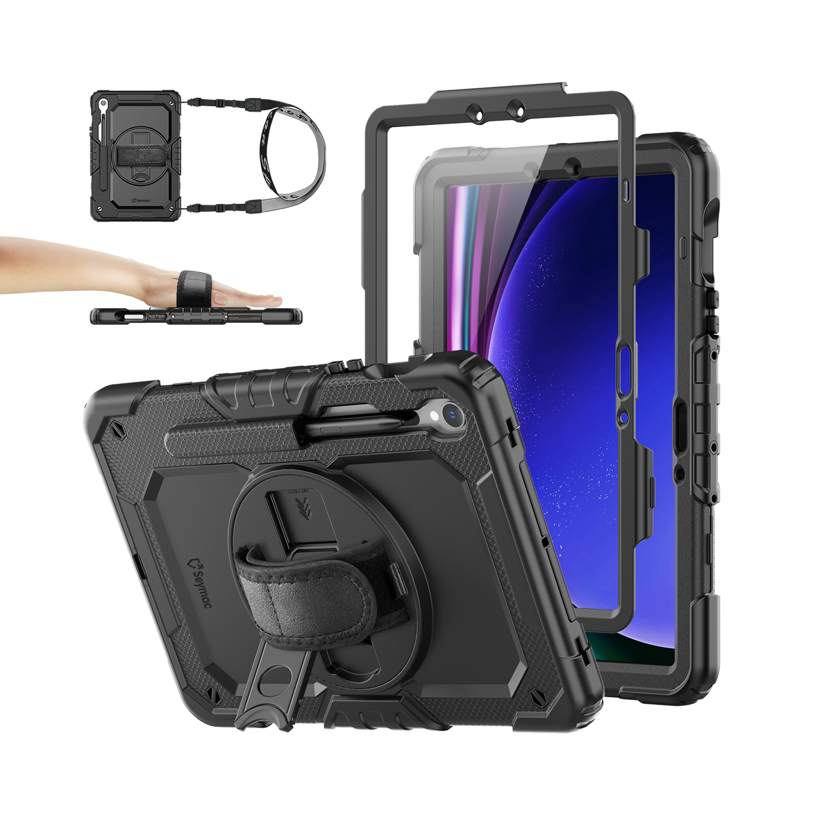 Samsung Galaxy Tab S10 Lite/S10 FE/S9 FE/S9 10.9/11 Inch rugged case with hand strap, black